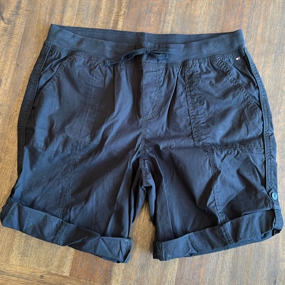 TOMMY HILFIGER Womens Black Drawstring Waist Rolled Cuffs High Waist Shorts L - Picture 1 of 12